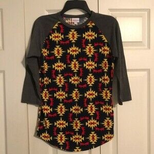 LULAROE X-Small Randy Aztec Print Gray Blue Yellow Top Unisex Baseball Raglan